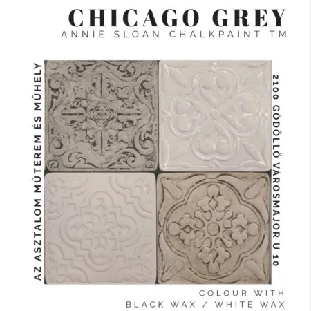 Chicago Grey Chalk Paint™ krétafesték négy különböző lágy bútor viasszal kezelve, rusztikus felületen