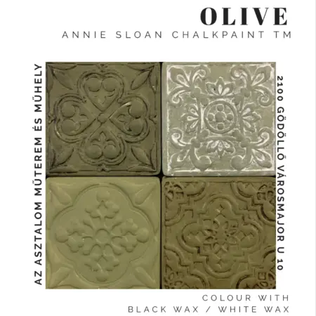 Olive Bútorfesték Krétafesték Chalk Paint™ krétafesték négy különböző lágy bútor viasszal kezelve, rusztikus felületen