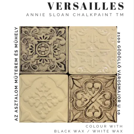 Versailles Chalk Paint™ krétafesték négy különböző lágy bútor viasszal kezelve, rusztikus felületen